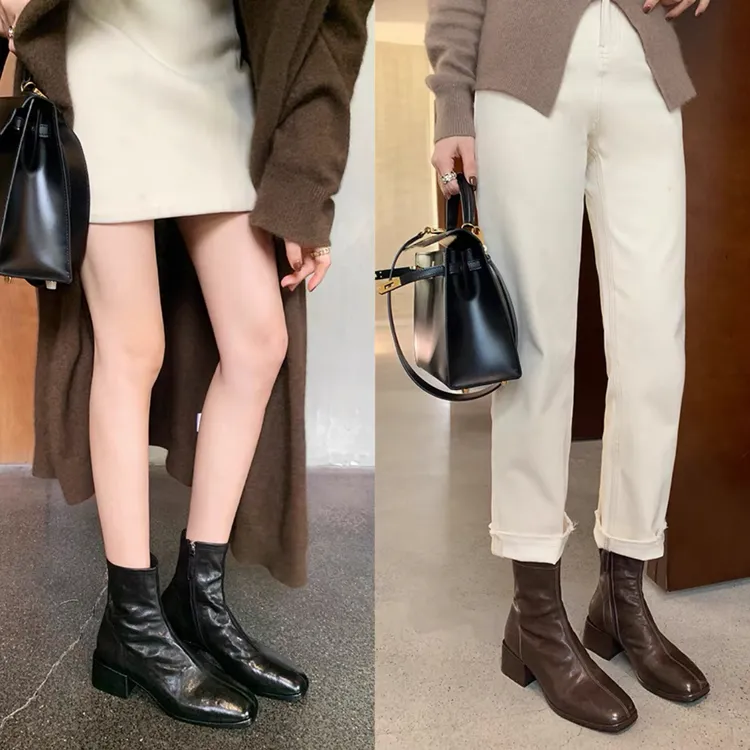 韩系方头水洗牛皮瘦瘦短靴粗跟厚底小踝靴女秋冬