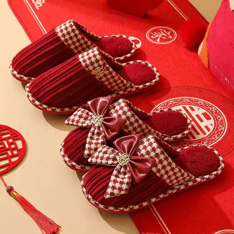 秋冬季结婚婚庆棉拖鞋喜庆高级感红色一对情侣陪嫁晨袍拖鞋新婚女