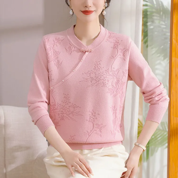 妈妈装秋季新款洋气针织国风旗袍领提花中老年女上衣打底衫6816