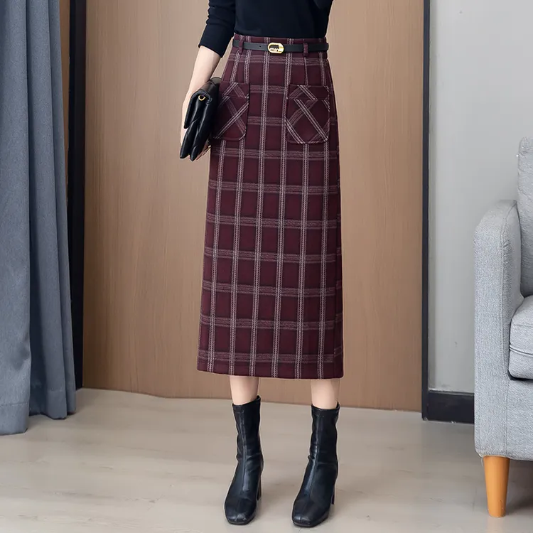 裙子女秋冬季配大衣冬裙a字中长款过膝复古包臀裙女士格子半身裙