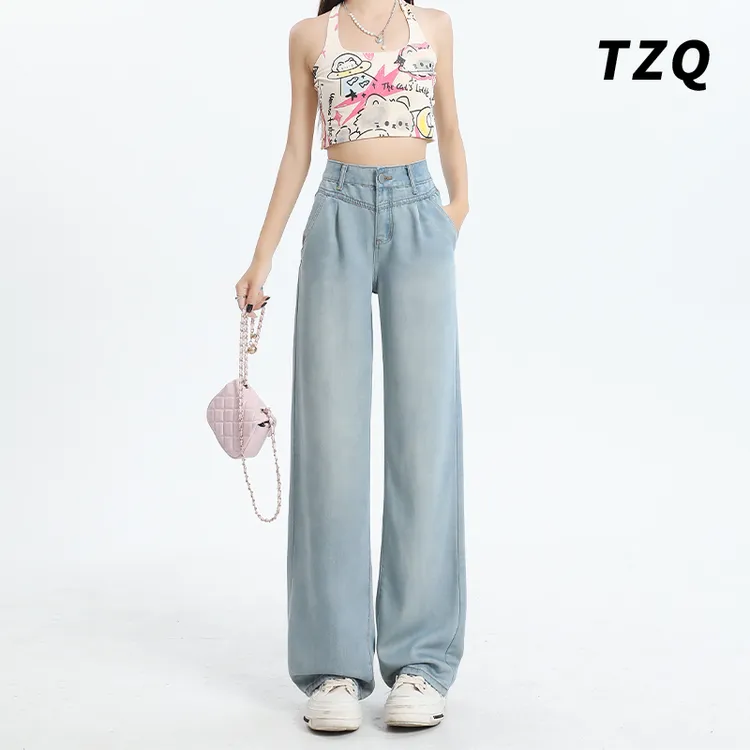 高腰莱赛尔直筒牛仔裤女2024夏季薄款垂感宽松显瘦阔腿裤TZQ81016