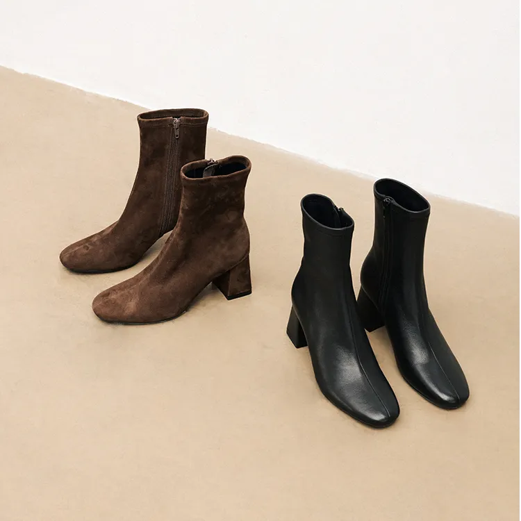 IORE理想矿石设计师原创 显瘦包裹感弹力羊皮粗跟高跟短靴