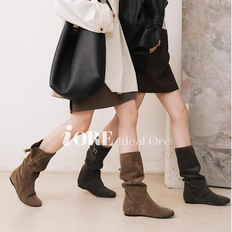IORE理想矿石设计师原创慵懒感内增高软趴趴及膝靴中筒靴