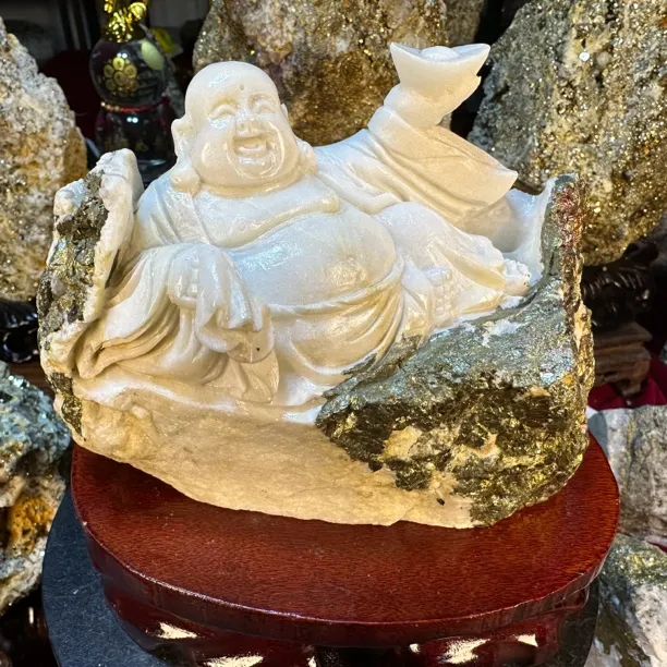 金石雕刻弥勒佛，黄金石工艺品摆件，收藏臻品，招远金矿石摆件礼品