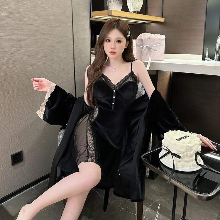 【娇姿千金】安妮轻奢秋冬新品蕾丝内衣一体式女带胸垫吊带睡裙睡衣