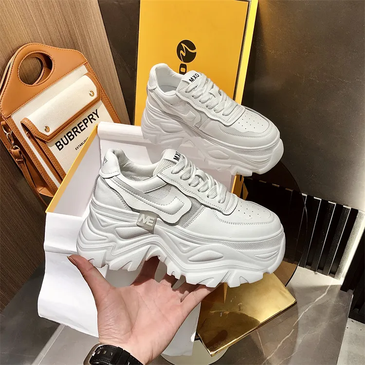 韩版真皮网面厚底显瘦小女士白鞋女松糕运动鞋真皮透气休闲老爹鞋