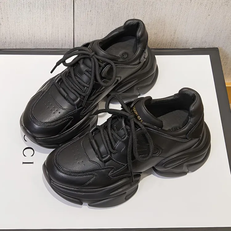 老爹鞋女真皮秋冬加绒2024新款黑色厚底百搭全黑色轻便休闲运动鞋