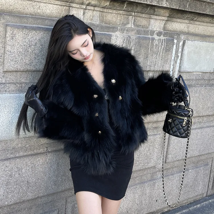 现黑糖香槟狐狸毛皮草外套女2023年新款短款显瘦黑色皮毛一体海宁