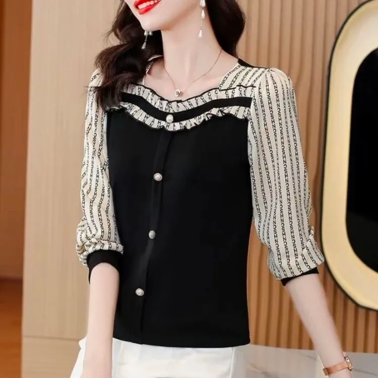 春秋显瘦百搭洋气小衫拼衬衫女上衣方领 字母袖
