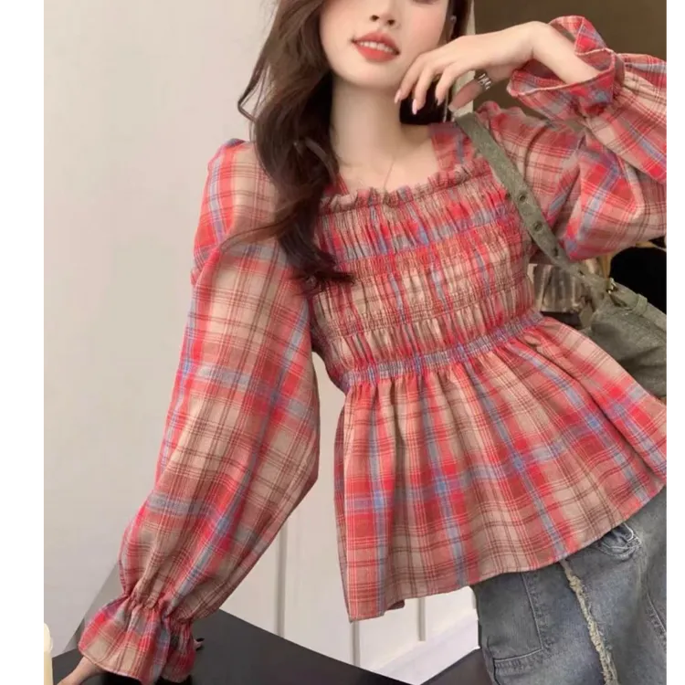 早秋新款大码胖MM法式方领后美背系带红格子显瘦遮肉欧货长袖衬衫