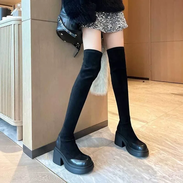 过膝超高筒弹力靴2025新款网红爆款厚底增高长筒靴粗腿弹力长靴女