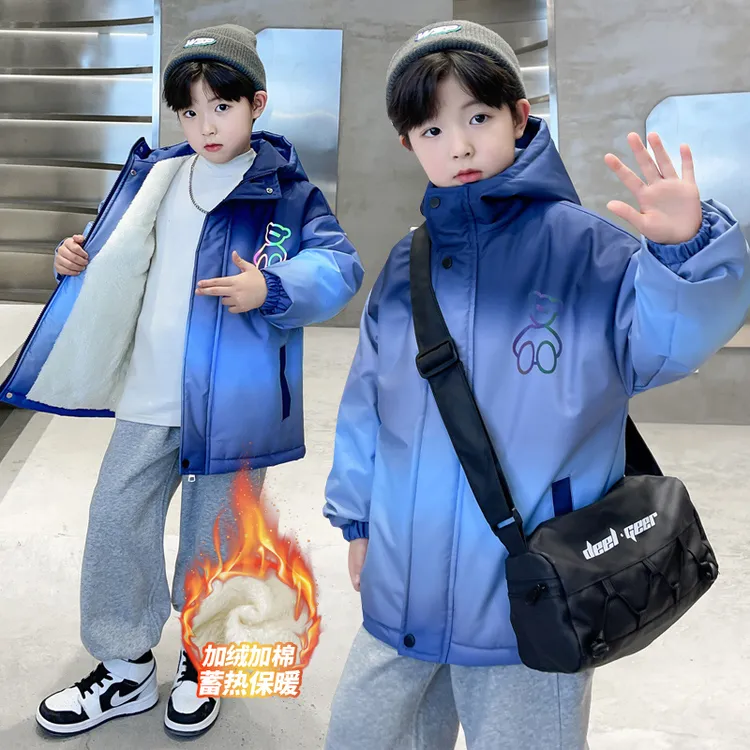 男童外套加绒加厚2024新款中大童男孩休闲洋气冬季保暖连帽棉服潮