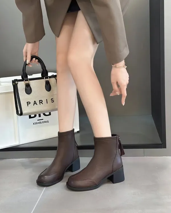 真皮秋冬时尚短靴温柔风粗跟高跟鞋女短靴