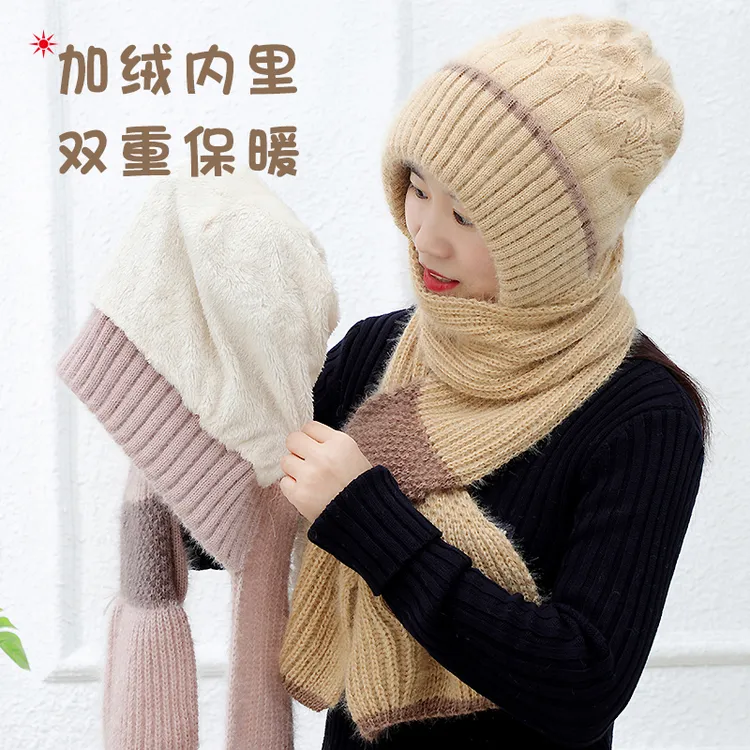 双12秋冬加绒加厚编织风雪帽时尚百搭女士冬天护耳朵帽子围巾一体