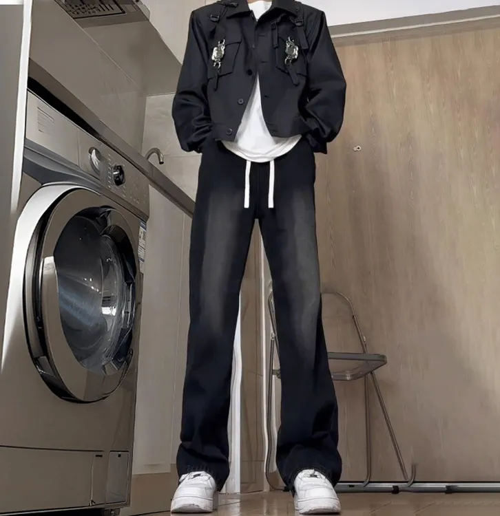 牛仔裤男款抽绳渐变宽松爆款美式cleanfit阔腿裤直筒复古微喇长裤