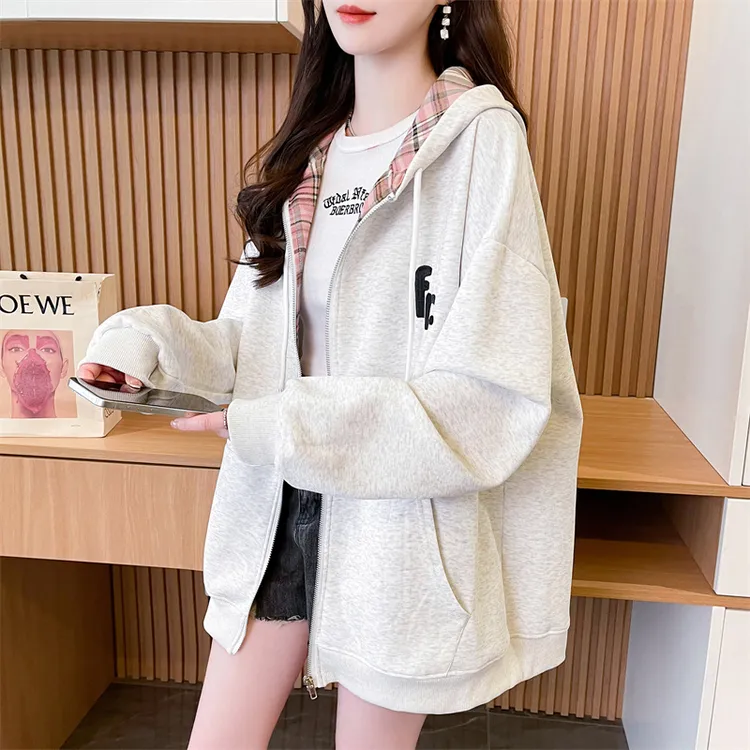 连帽格纹灰色薄款卫衣女2025早秋新款宽松慵懒风休闲小众开衫外套