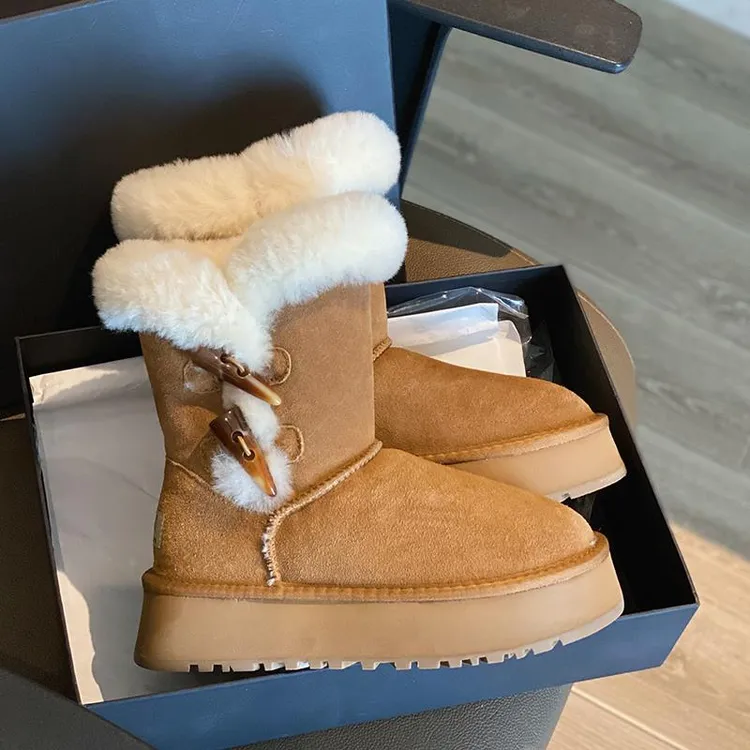 万达撤柜头层牛皮雪地靴女款冬季加绒加厚增高牛角扣时尚雪地棉鞋