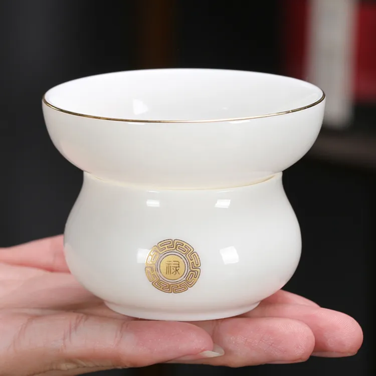 家用描金德化羊脂玉白瓷茶漏细纱网茶滤网漏陶瓷过滤网茶水分离器