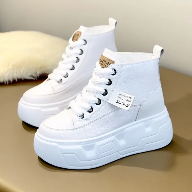 增高10cm超高跟女鞋小个子休闲百搭ins厚底8cm皮面秋冬加绒高帮鞋