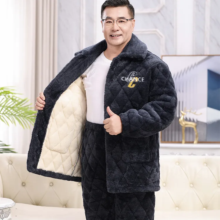 中老年睡衣男冬加厚珊瑚绒三层夹棉袄爸爸加绒保暖家居服套装新款