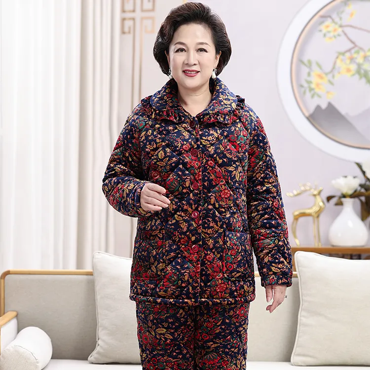 中老年人睡衣女妈妈冬季家居服三层夹棉套装大码加绒加厚印花棉袄