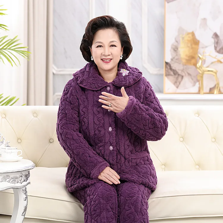 秋冬季时尚睡衣女妈妈婆婆款三层夹棉加厚套装宽松大码保暖家居服