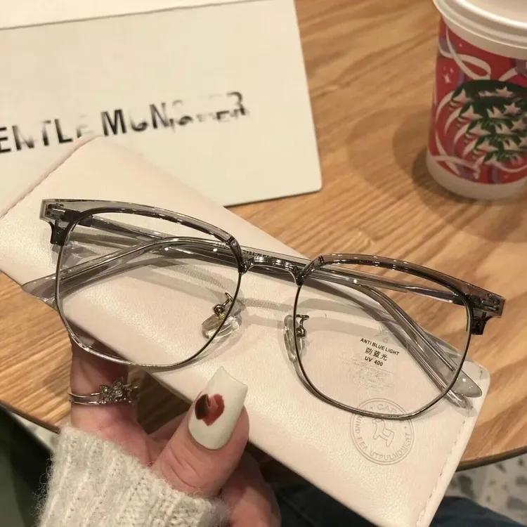 新款椰子灰复古半框近视眼镜男防蓝光可配度数潮显瘦平光镜韩版女