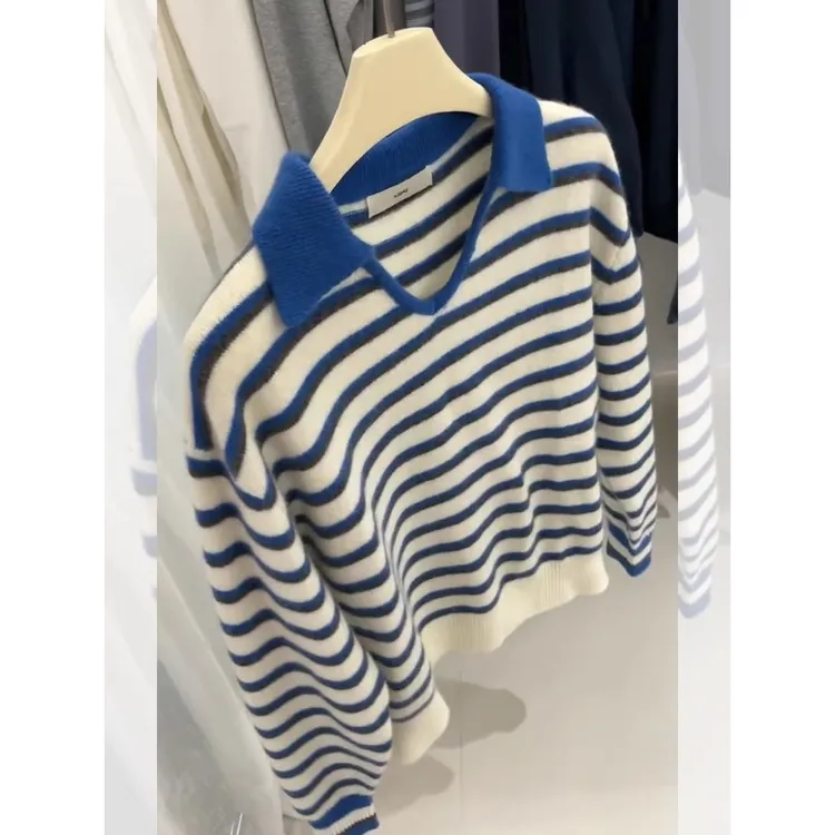高级感翻领蓝色条纹套头毛衣女秋冬针织衫外穿宽松短款上衣