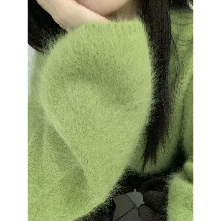 法式复古绿色马海毛毛衣女春秋冬宽松慵懒风软糯温柔百搭针织衫潮