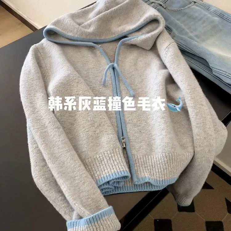 软糯慵懒风宽松连帽毛衣女2025春季新款穿搭拉链针织开衫外套上衣