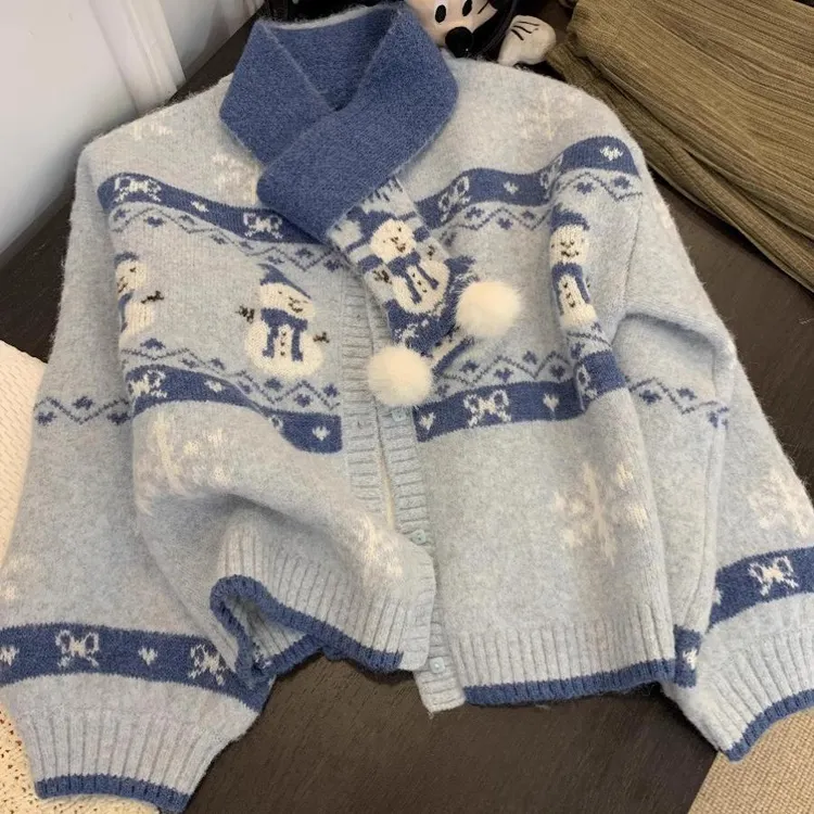 圣诞风格费尔岛毛衣开衫女秋冬雪人蓝色针织衫外套日系外穿