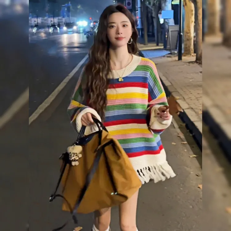 彩色条纹毛衣秋冬女2025新款冬季宽松慵懒设计感独特漂亮针织上衣