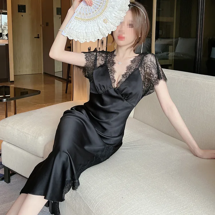 大码性感睡衣吊带睡裙套装仿醋酸套装高级感带胸垫胖mm200斤诱惑