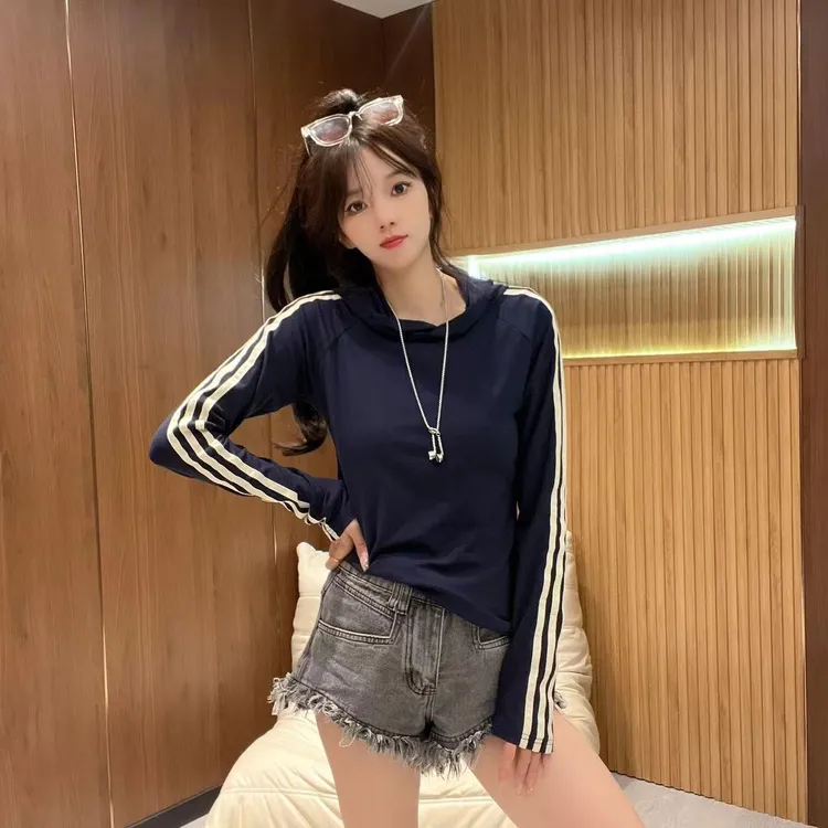 3029秋季新款时尚条纹长袖帽衫针织T恤打底衫休闲女显瘦百搭套头