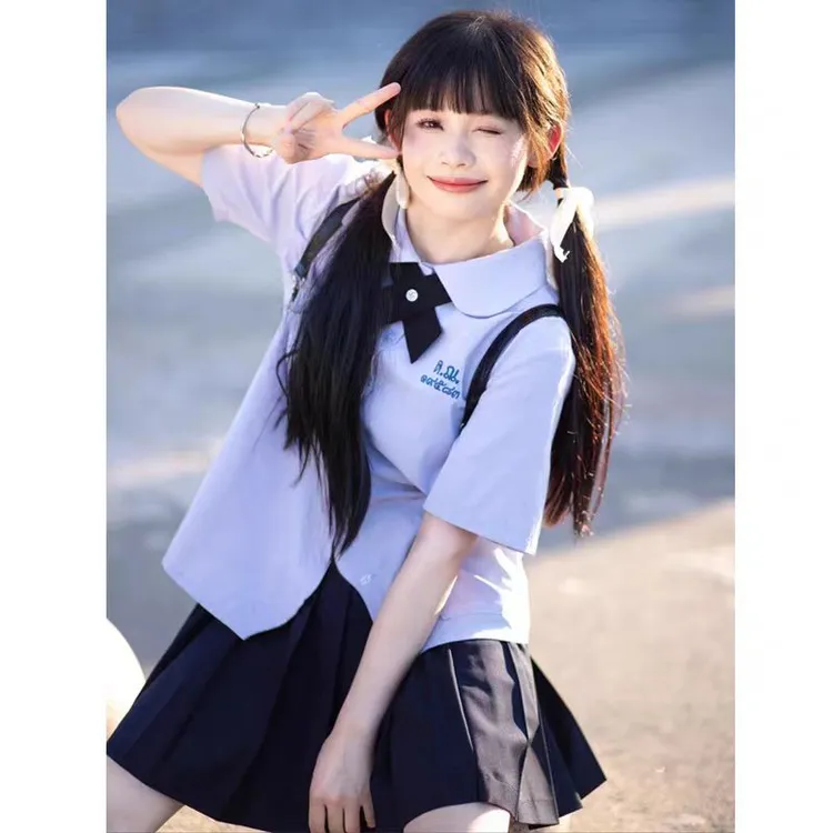 学院风泰国校服JK淡紫短袖学生衬衫百搭套装圆领娃娃领上衣少女