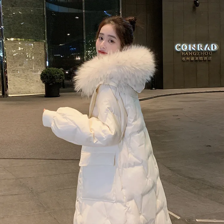 白色貉子毛领羽绒服女中长款2024冬季新款收腰女装冬季款羽绒服
