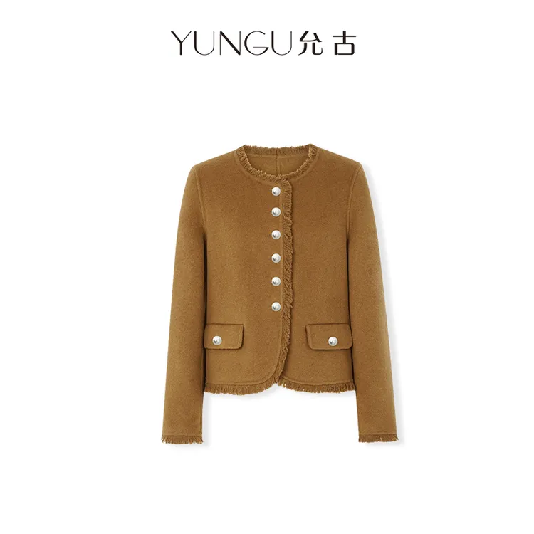 允古YUNGU【爱丁堡】高支澳洲羊毛羊绒双面大衣小香风流苏外套冬款D