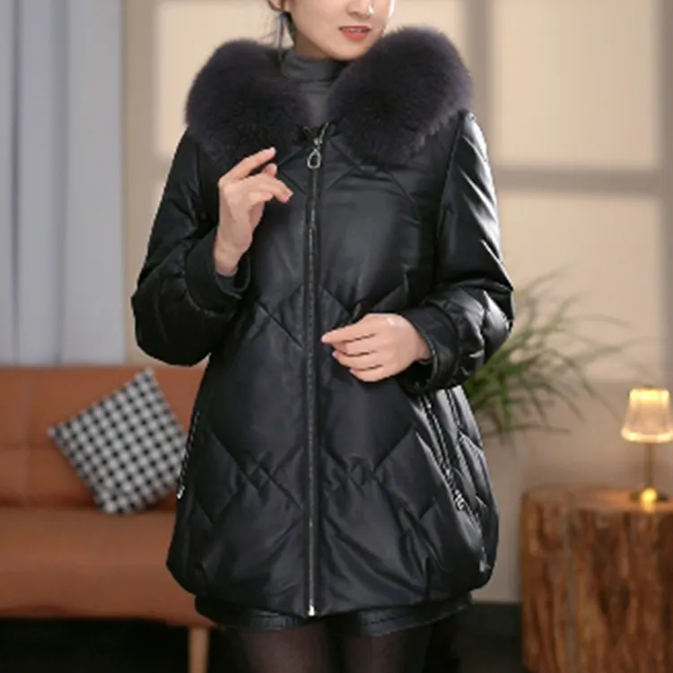 法歌弟2257海宁皮衣女高端真皮妈妈装狐狸毛连帽90鹅绒服上衣外套