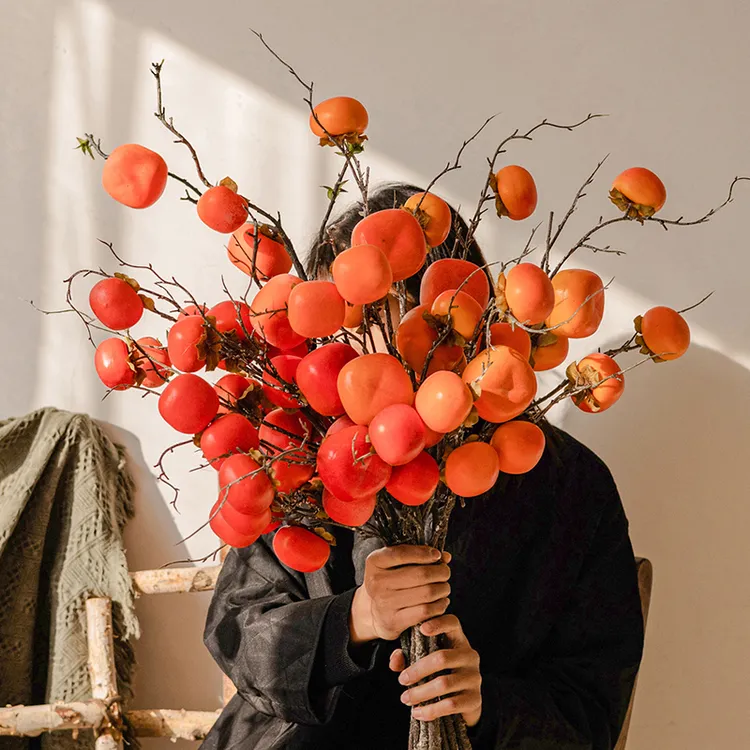 掬涵柿柿如意仿真柿子果实树枝假花摆件客厅装饰摆设干花插花花束