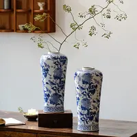 【七呀】新中式青花瓷花瓶摆件复古风工艺客厅插画仿古陶瓷干花