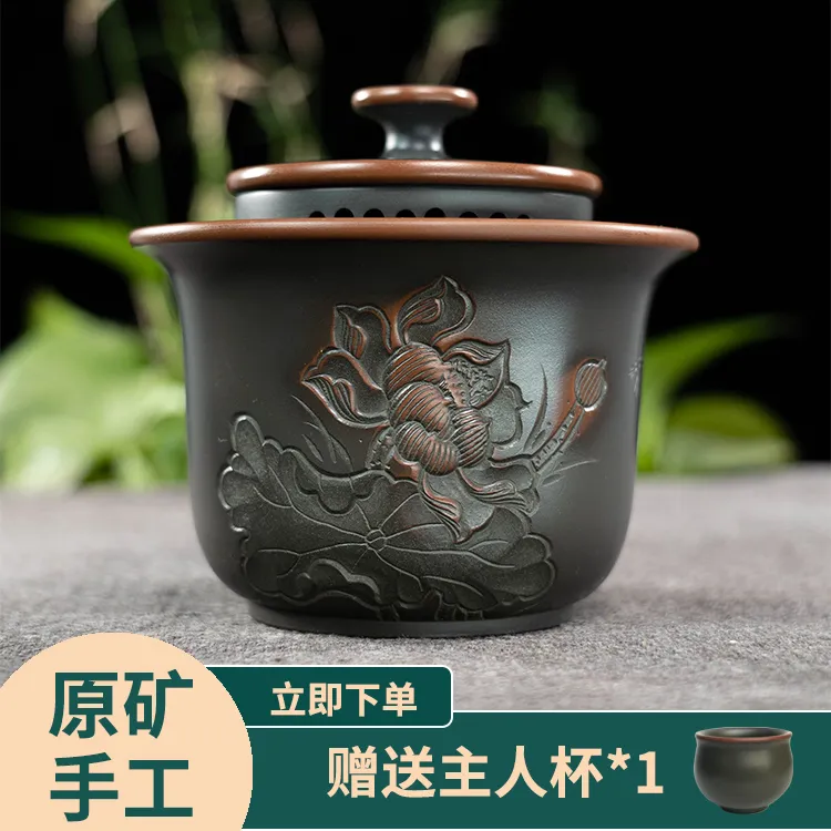 全手工不烫手纯手工浮雕莲花纯手工壶手抓壶古铜绿坭兴陶茶具盖碗