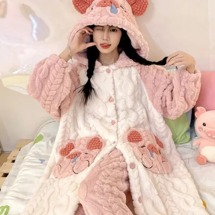 【粉鼻涕猪】秋冬季睡衣女卡通珊瑚绒睡袍可爱冬季保暖家居服