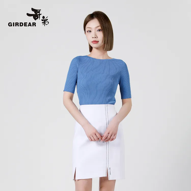 GIRDEAR/哥弟夏季新款蓝色气质百搭冰丝短袖针织衫T恤女1399739