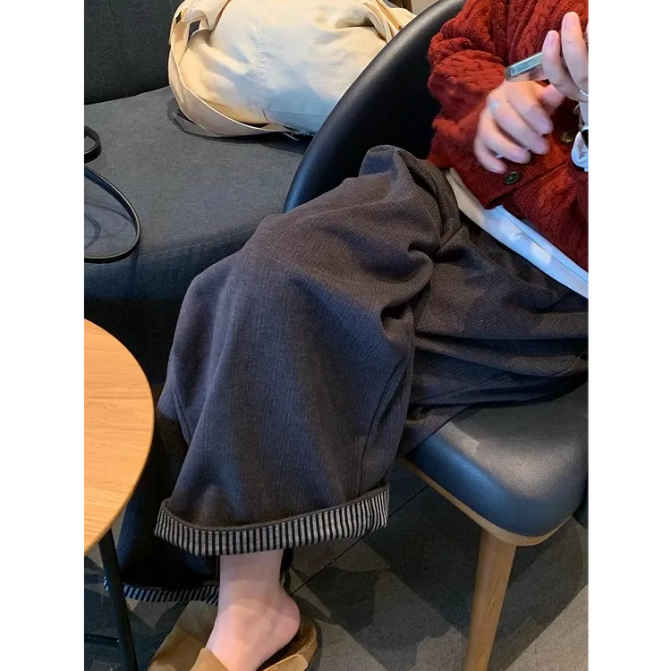 韩系翻卷边直筒裤2025春装新款炭灰色拼接复古高腰百搭松紧休闲裤