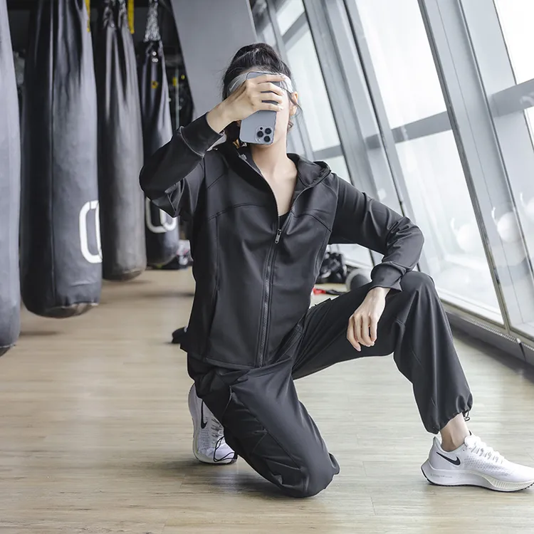 瑜伽服运动套装女宽松健身打羽毛球跑步连帽高端速干专业训练春秋