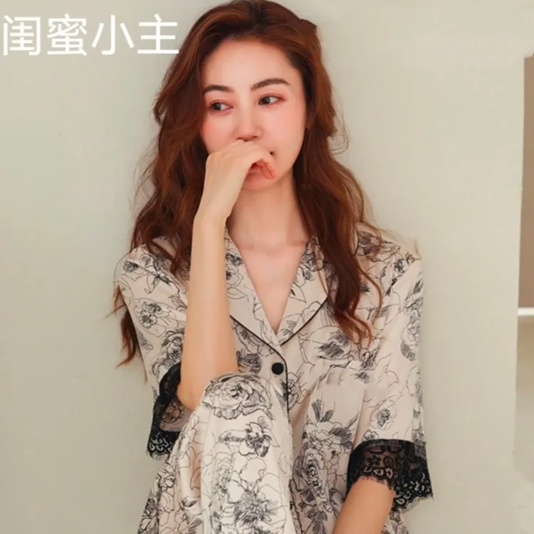 蔷薇花蕾丝四件套女人睡衣套装印花宽松聚酯纤维v领女士薄款舒适