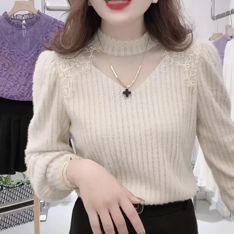 加绒长袖高档蕾丝打底衫女2024秋冬烫钻洋气名媛显瘦百搭保暖上衣