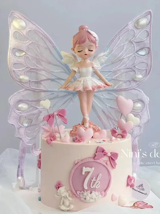 翅膀贝拉公主蛋糕装饰摆件芭蕾舞裙女孩刺绣蝴蝶带灯女生生日插件