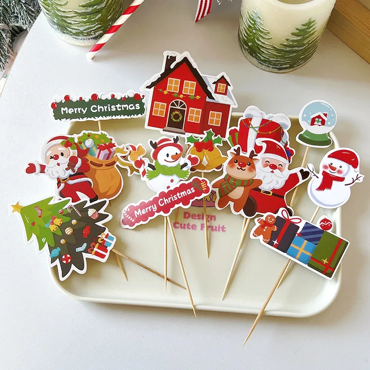 圣诞节蛋糕装饰插牌圣诞礼包老人雪人麋鹿创意甜品纸杯蛋糕插卡