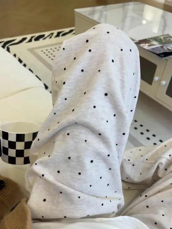 加长秋冬新款米白色波点糯米裤女慵懒显瘦高腰休闲宽松直筒裤裤子